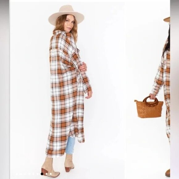Show Me Your Mumu Leo Button Down Long Tunic Dress Size Small Tan/Blue Plaid - Picture 2 of 13